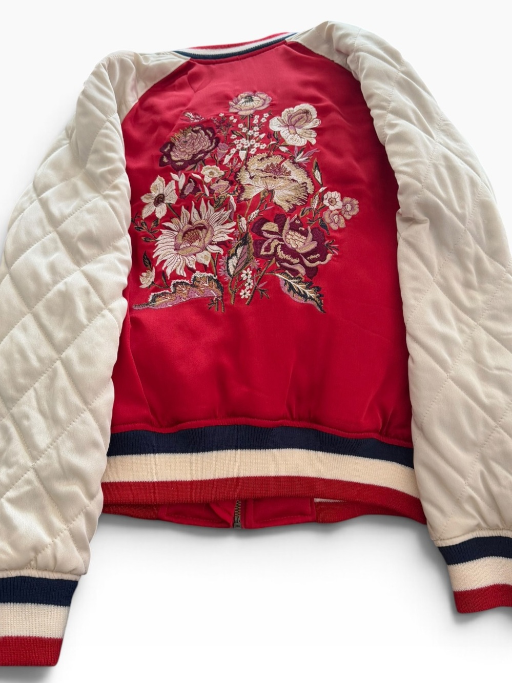 American Eagle Floral Embroidered Bomber Jacket M Red Satin Quilted Varsity - Picture 4 of 6